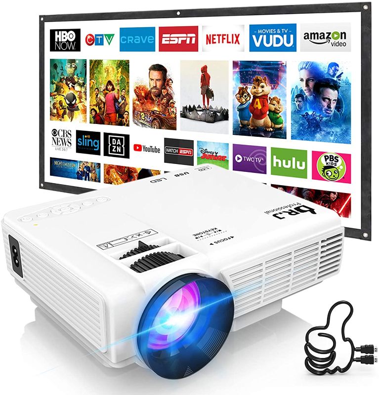 Photo 1 of DR. J Professional HI-04 Mini Projector Outdoor Movie Projector with 100Inch Projector Screen, 1080P Supported Compatible with TV Stick, Video Games, HDMI,USB,TF,VGA,AUX,AV [Latest Upgrade]
