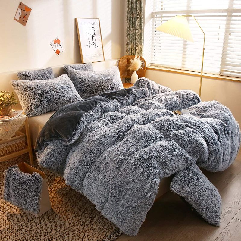 Photo 1 of XeGe Plush Shaggy Duvet Cover Luxury Ultra Soft Crystal Velvet Bedding 1PC(1 Faux Fur Duvet Cover),Zipper Closure (TWIN , Gray Ombre)