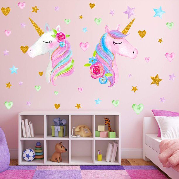 Photo 1 of Unicorn Wall Decals,Unicorn Wall Sticker Decor with Heart Flower Birthday Christmas Gifts for Boys Girls Kids Bedroom Decor Nursery Room Home Decor (2 Pack Unicorn) (A-Unicorn)
