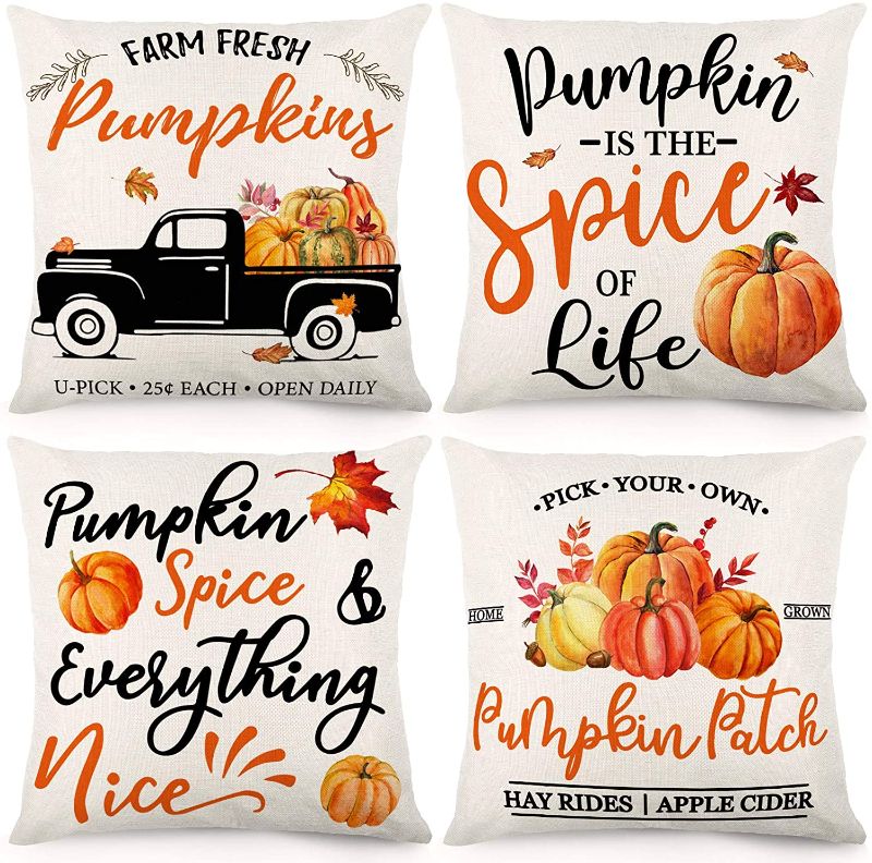 Photo 1 of CDWERD Fall Pillow Covers 18x18 Inch Set of 4 Autumn Throw Pillowcase Farmhouse Truck Pumpkin Patch Leaves Thanksgiving Decorations Linen Cushion Case for Home Decor
