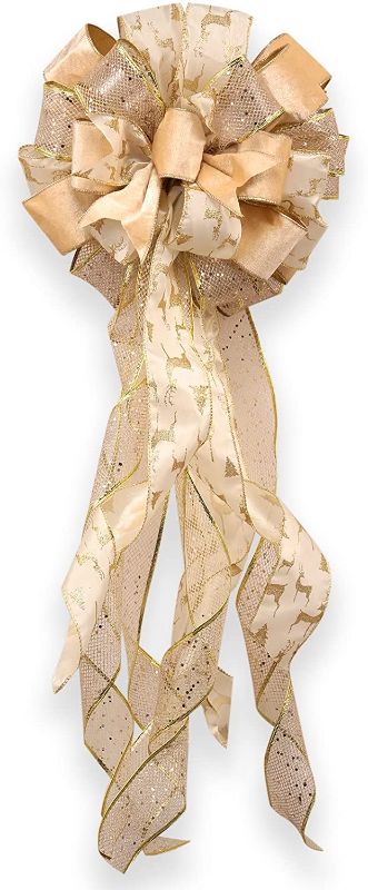 Photo 1 of FLASH WORLD Christmas Tree Topper,35x13 Inches Large Toppers Bow with Streamer Wired Edge for Christmas Decoration (Light Gold)
