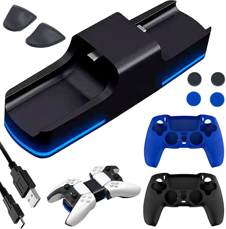 Photo 1 of PS5 Controller Accessories Kits??10 in 1? BRHE Charging Dock Charger Station with LED Indicator Type-C Cable, Thumb Grip Caps, Rise Triggers, Controller Skin for Playstation 5
