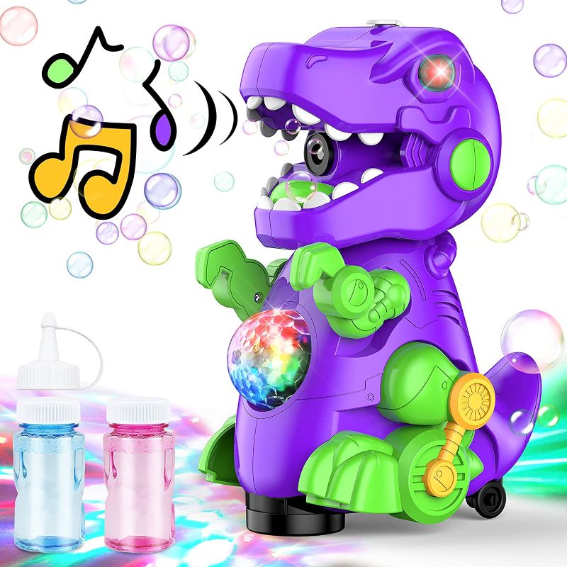 Photo 1 of AUZEEG Bubble Machine, Dinosaur Bubble Maker with Colorful LED Lights & Universal Walking, 3000+ Bubbles Per Minute, Safe Material, Built-in Music Bubble Machine for Kids Toddlers Boys (Purple Liquid)
