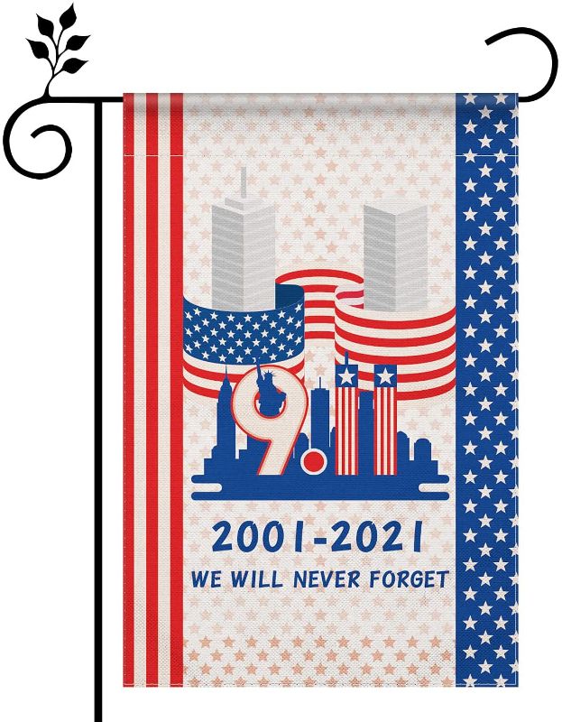 Photo 1 of 9/11 FLAG GARDEN FLAG 9/11 20TH ANNIVERSARY WE WILL NEVER FORGET 12.5X18 INCH