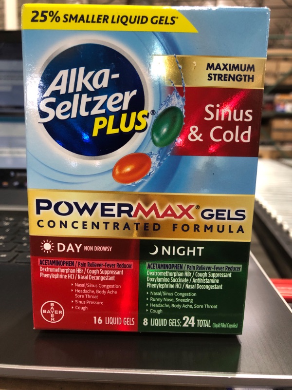 Photo 2 of ALKA-SELTZER PLUS Maximum Strength PowerMax Sinus and Cold Medicine, Day + Night Liquid Gels for Adults with Pain Reliever, Fever Reducer, Cough Suppressant, Nasal Decongestant, 24 Count
