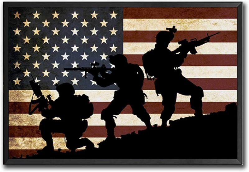 Photo 1 of American Flag Wall Art Poster Soldier Military Wall Decor Retro Patriotic Concept USA Flag Canvas Painting Military Art Print Patriotic Wall Art Independence Day Artwork Black Metal Framed Ready to Hang for Living Room Office 12x18inch Style C(30X45cm)
