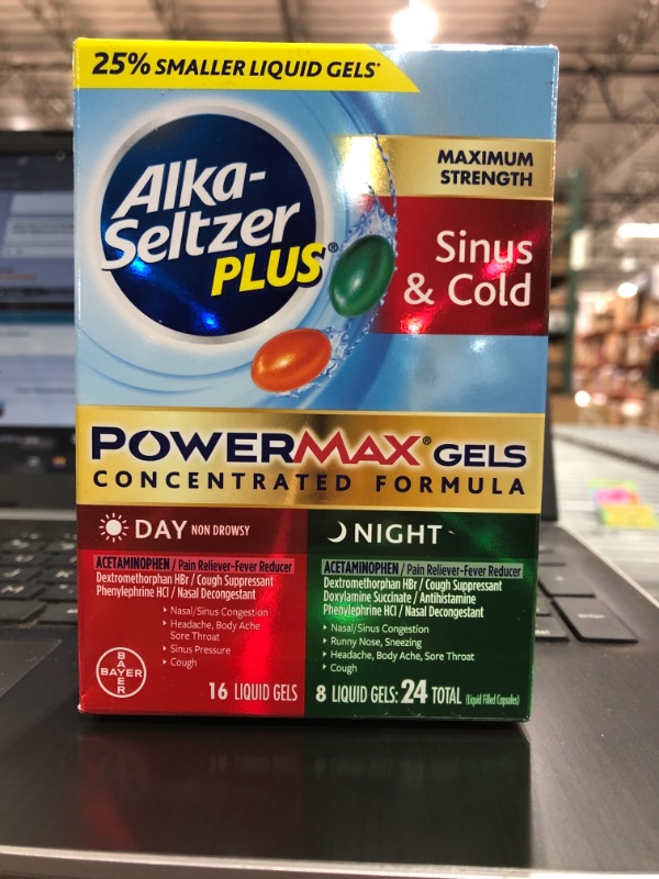 Photo 2 of ALKA-SELTZER PLUS Maximum Strength PowerMax Sinus and Cold Medicine, Day + Night Liquid Gels for Adults with Pain Reliever, Fever Reducer, Cough Suppressant, Nasal Decongestant, 24 Count
