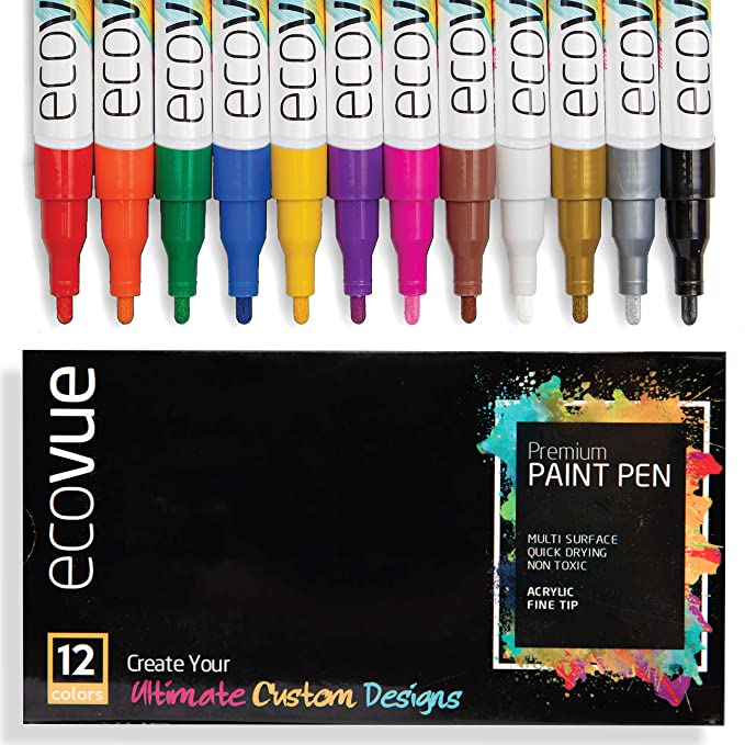 Photo 2 of Acrylic Paint Pen Markers Fine Tip in 12 Vivid Fast Drying Colors For Glass, Wood, Mugs, Rock, Metal, Clay
