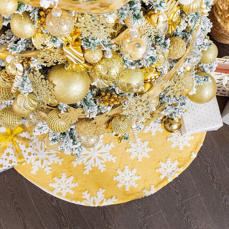 Photo 1 of Christmas Tree Skirt 48 Inch Snowflake Faux Fur Xmas Tree Skirts Ornament Double Layers Large Tree Mat for Winter New Year Holiday Party Decoration (Yellow)
