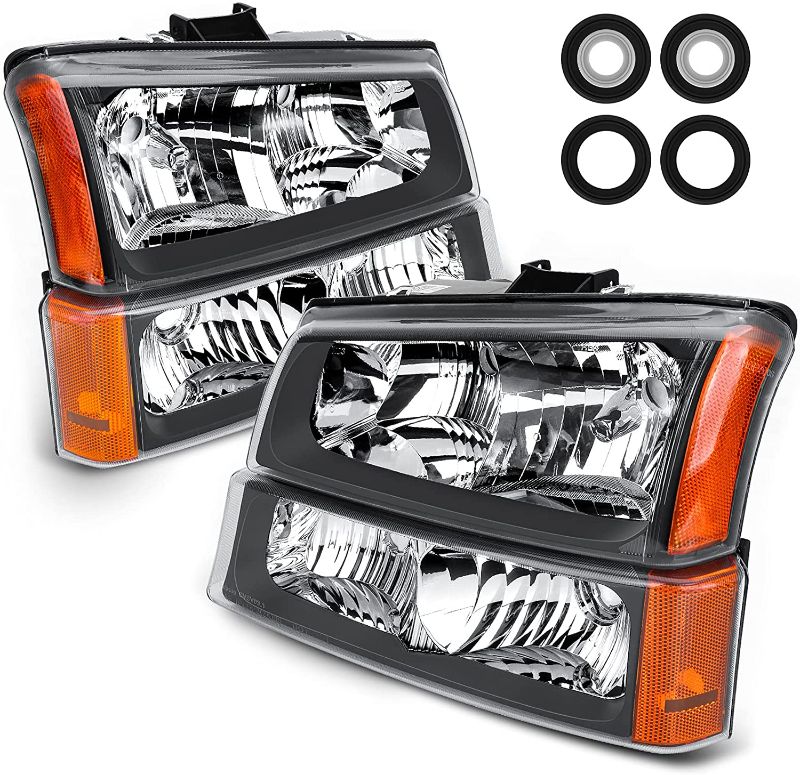 Photo 1 of 2003-2006 Silverado Headlight Assembly by POLLY WALES - Headlights for 2003 2004 2005 2006 Chevy Silverado 1500/2500/3500 Headlamp Replacement Left and Right - Black Housing
