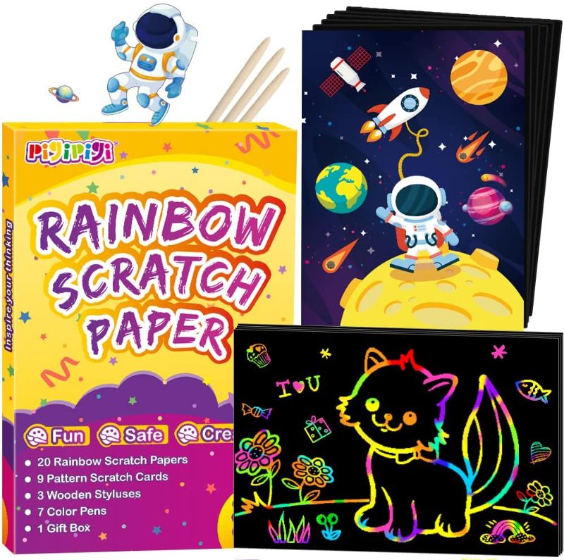 Photo 1 of QXNEW Rainbow Scratch Paper Art - Magic Craft Kit Gift for Kids Ages 3 4 5 6 7 8 9 10 11 12 Color Doodle Drawing Card Supply Set for Teen Preschool Children Birthday Christmas Activity Game
