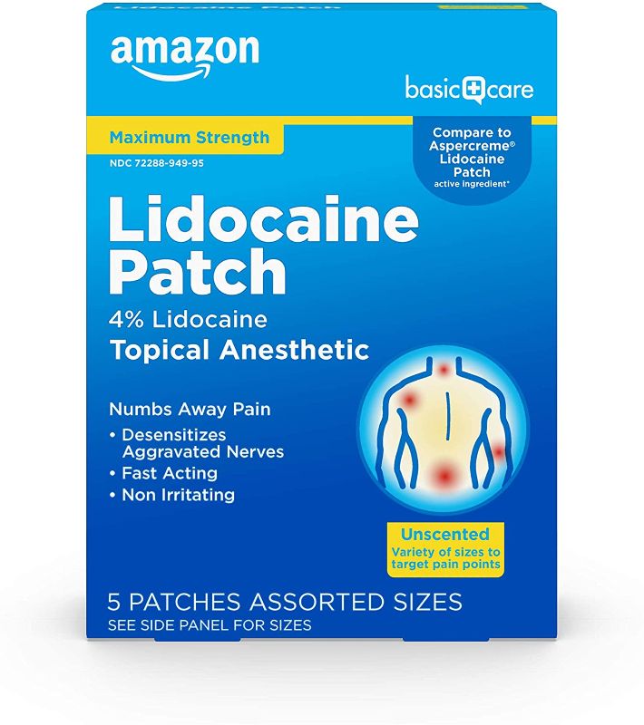 Photo 1 of Amazon Basic Care Lidocaine Patches, 4% Maximum Strength Pain Relief in Assorted Sizes, Fragrance Free, White, 5 Count
