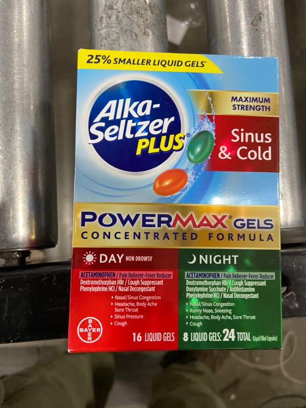 Photo 1 of ALKA-SELTZER PLUS Maximum Strength PowerMax Sinus and Cold Medicine, Day + Night Liquid Gels for Adults with Pain Reliever, Fever Reducer, Cough Suppressant, Nasal Decongestant, 24 Count
