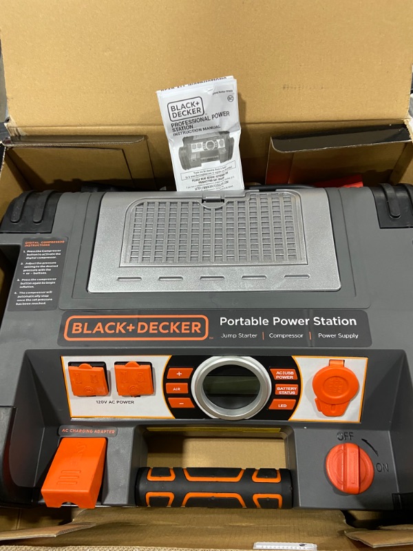 Photo 2 of BLACK AND DECKER PPRH5B Portable Power Station Jump Starter: 1200 Peak Amps, 500W Inverter, 120 PSI Air Compressor, Battery Clamps
