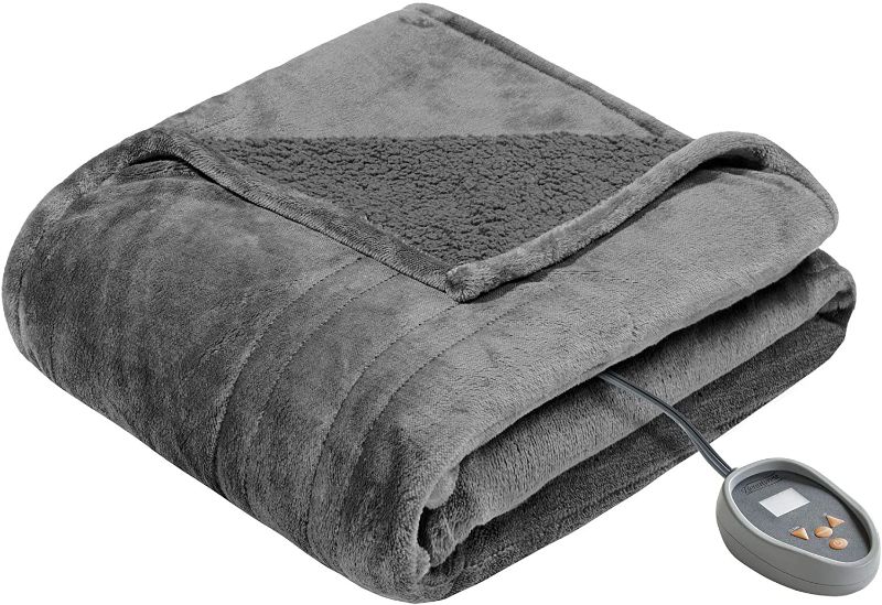 Photo 1 of Beautyrest Microlight to Sherpa Reversible Electric Blanket Throw, Adjustable Multi-Level Heat Setting Controller, Cozy Bedding for Living Room Couch, Sofa, Bed, Twin, Grey