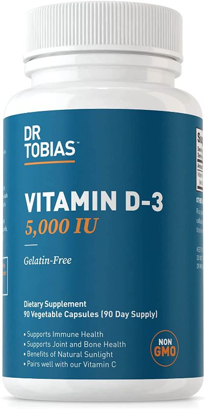 Photo 1 of Dr. Tobias Vitamin D-3 5,000 IU Supplement, Supports Immune, Bone, and Teeth, Powerful Antioxidants (90 Count (Pack of 1))