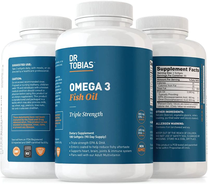 Photo 1 of Dr. Tobias Omega 3 Fish Oil – Triple Strength Dietary Nutritional Supplement – Helps Support Brain & Heart Health, Includes EPA & DHA – 2000 mg per Serving,180 Soft Gel Capsules