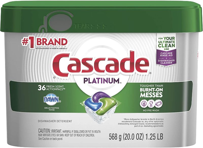 Photo 1 of Cascade Platinum Dishwasher Pods, ActionPacs Dishwasher Detergent with Dishwasher Cleaner Action, Fresh Scent, 36 count