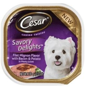 Photo 1 of Cesar Canine Cuisine Savory Delights Filet Mignon Flavor with Bacon and Potato in Meaty Juices Dog Food, 3.5 Ounce -- 24 per case.