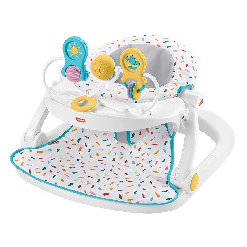 Photo 1 of Fisher-Price Deluxe Sit-Me-Up Floor Seat – Rainbow Sprinkles, Portable Infant Chair with Tray and Toy bar 