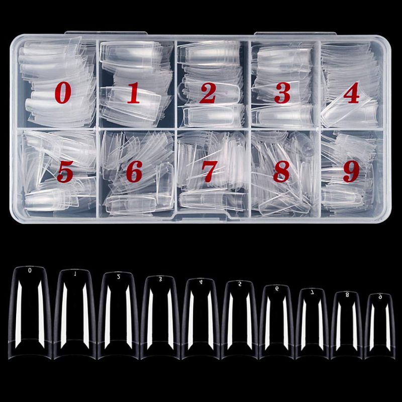 Photo 1 of 500PCS Clear Acrylic Coffin Nail Tips, 10 Sizes Professional French Style Artificial Half Cover False Nail Art Tips Manicure Tip with Sturdy Case for Nail Salon and DIY Nail Art
