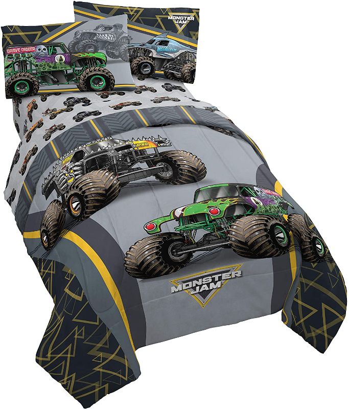 Photo 1 of Jay franco Monster Jam MJ Life 4 Piece Twin Bed Set-Includes Reversible Comforter&Sheet Set-Bedding Features Grave Digger, Max-D, Megalodon-Super Soft Microfiber-(Official Monster Jam Product)
