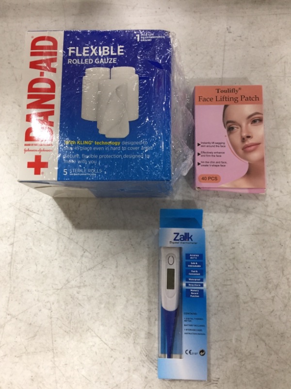 Photo 1 of PERSONAL CARE PRODUCTS, LOT OF 3 ITEMS. BAND-AID, THERMOMETER, LIFTING PATCH.