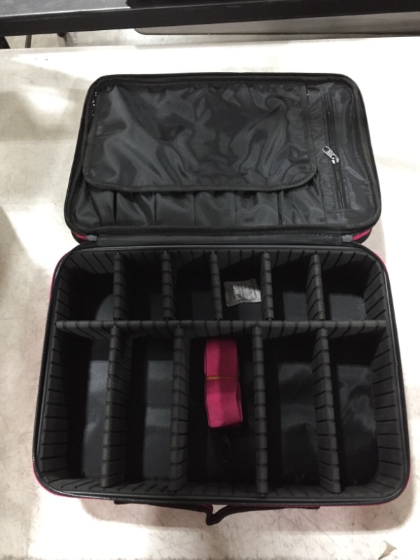 Photo 2 of Layers Large Capacity Travel Professional Makeup Train Case Cosmetic Brush Organizer Portable Artist Storage bag 16.5 inches with Adjustable Dividers and shoulder strap for Make up Accessories. PINK. 
