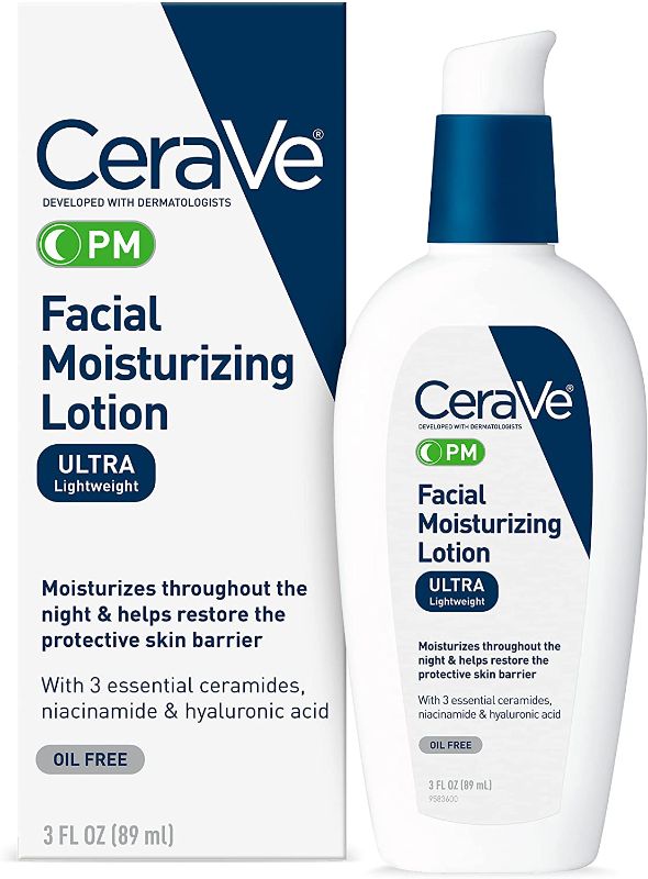 Photo 1 of CeraVe PM Facial Moisturizing Lotion | Night Cream with Hyaluronic Acid and Niacinamide | Ultra-Lightweight, Oil-Free Moisturizer for Face | 3 Ounce
