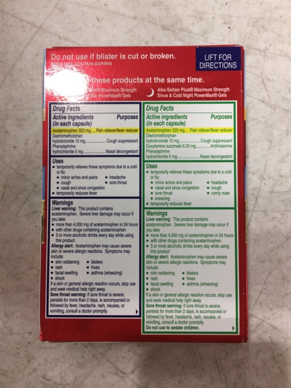 Photo 3 of ALKA-SELTZER PLUS Maximum Strength PowerMax Sinus and Cold Medicine, Day + Night Liquid Gels for Adults with Pain Reliever, Fever Reducer, Cough Suppressant, Nasal Decongestant, 24 Count
