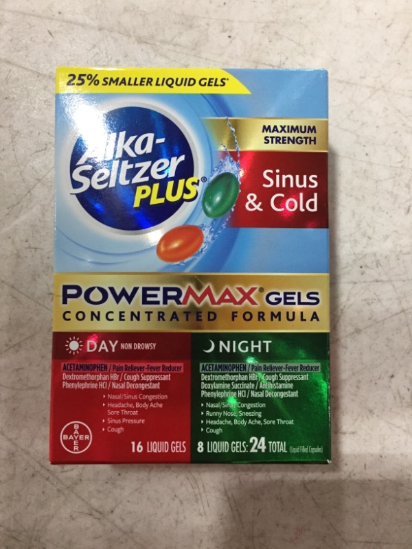 Photo 2 of ALKA-SELTZER PLUS Maximum Strength PowerMax Sinus and Cold Medicine, Day + Night Liquid Gels for Adults with Pain Reliever, Fever Reducer, Cough Suppressant, Nasal Decongestant, 24 Count
