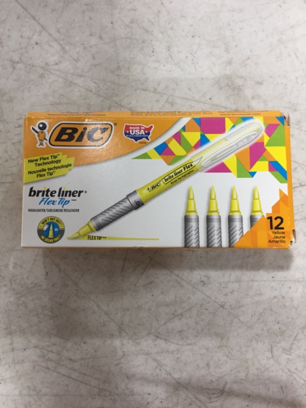 Photo 2 of BIC Brite Liner Highlighter, Flex Tip For Broad Highlighting & Fine Underlining, Yellow, 12-Count
