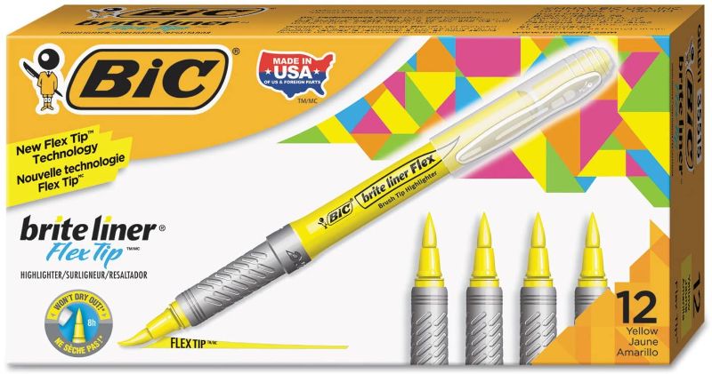 Photo 1 of BIC Brite Liner Highlighter, Flex Tip For Broad Highlighting & Fine Underlining, Yellow, 12-Count
