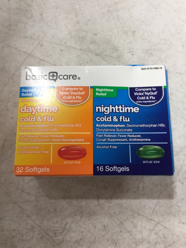 Photo 2 of Amazon Basic Care Cold & Flu Relief Multi-Symptom Daytime/Nighttime Combo Pack Softgels; Cold Medicine, 48 Count
BEST BY 10/2021.