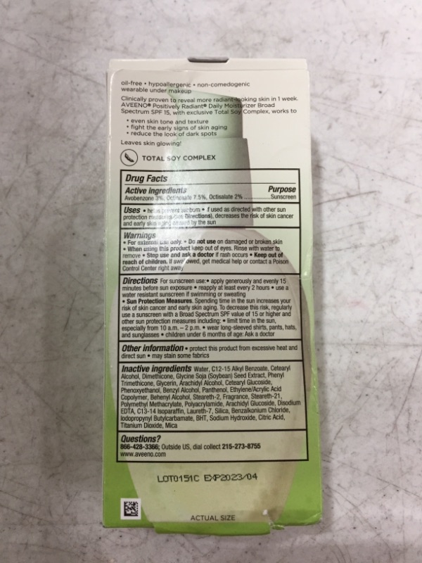 Photo 3 of Aveeno Positively Radiant Daily Facial Moisturizer with Broad Spectrum SPF 15 Sunscreen & Total Soy Complex for Even Tone & Texture, Hypoallergenic, Oil-Free & Non-Comedogenic, 4 fl. oz
