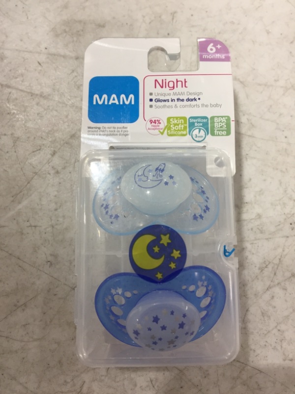 Photo 2 of MAM Night Pacifiers (2 Count), MAM Pacifiers 6+ Months, Best Pacifier for Breastfed Babies, Glow in the Dark Pacifier, Baby Boy Pacifier
