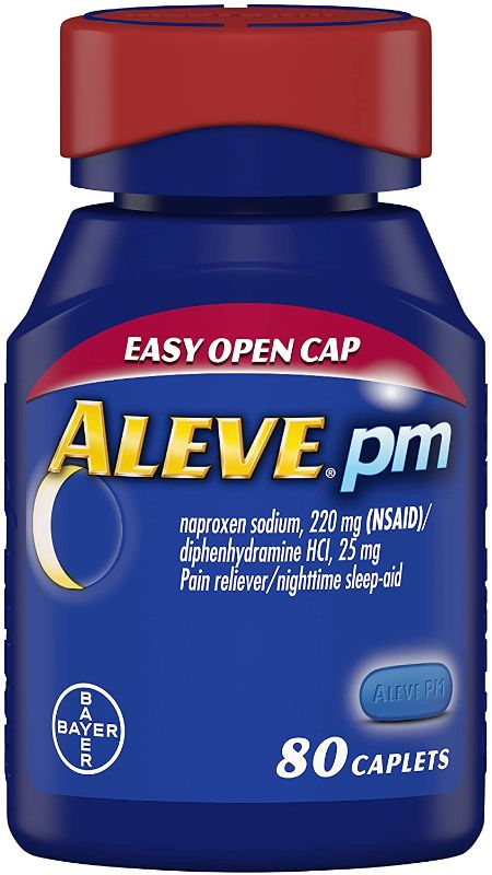 Photo 1 of Aleve PM Caplets, Fast Acting Sleep Aid and Pain Relief for Headaches, Muscle Aches, Non-Habit Forming 220 mg Naproxen Sodium and 25 mg Diphenhydramine HCl Capsules, 80 count
