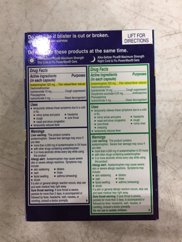 Photo 3 of Alka-seltzer Plus Cold & Flu, Power Max Cold and Flu Medicine, Day +Night, For Adults with Pain Reliever, Fever Reducer, Cough Suppresant, Nasal Decongestant, Antihistamine, 24 Count
