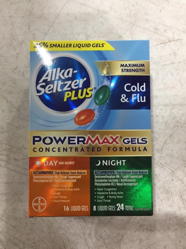 Photo 2 of Alka-seltzer Plus Cold & Flu, Power Max Cold and Flu Medicine, Day +Night, For Adults with Pain Reliever, Fever Reducer, Cough Suppresant, Nasal Decongestant, Antihistamine, 24 Count
