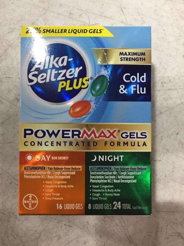 Photo 2 of Alka-seltzer Plus Cold & Flu, Power Max Cold and Flu Medicine, Day +Night, For Adults with Pain Reliever, Fever Reducer, Cough Suppresant, Nasal Decongestant, Antihistamine, 24 Count
