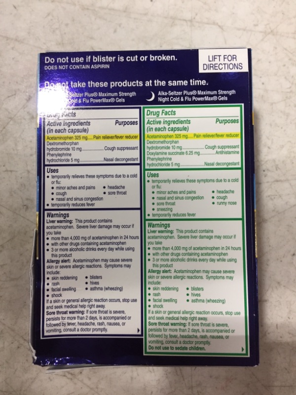 Photo 3 of Alka-seltzer Plus Cold & Flu, Power Max Cold and Flu Medicine, Day +Night, For Adults with Pain Reliever, Fever Reducer, Cough Suppresant, Nasal Decongestant, Antihistamine, 24 Count
