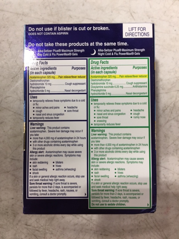 Photo 3 of Alka-seltzer Plus Cold & Flu, Power Max Cold and Flu Medicine, Day +Night, For Adults with Pain Reliever, Fever Reducer, Cough Suppresant, Nasal Decongestant, Antihistamine, 24 Count
