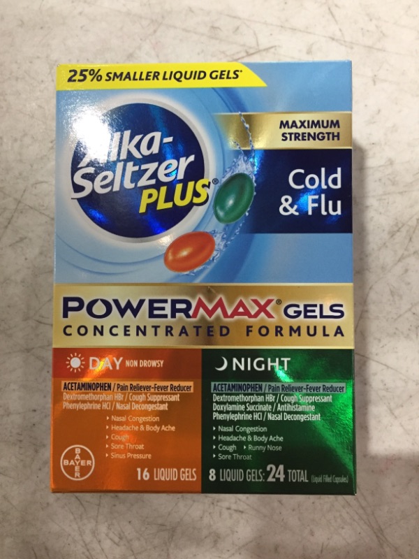 Photo 2 of Alka-seltzer Plus Cold & Flu, Power Max Cold and Flu Medicine, Day +Night, For Adults with Pain Reliever, Fever Reducer, Cough Suppresant, Nasal Decongestant, Antihistamine, 24 Count
