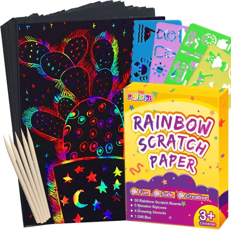 Photo 1 of pigipigi Scratch Paper Art for Kids - 59 Pcs Magic Rainbow Scratch Paper Off Set Scratch Crafts Arts Supplies Kits Pads Sheets Boards for Party Games Christmas Birthday Gift
