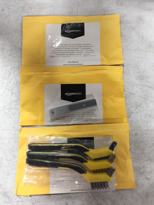 Photo 4 of Amazon Basics Soft Grip Assorted Mini Brush Set, 1 Nylon, 1 Brass, 1 Stainless & Amazon Basics 4" Replacement Stripper and Scraper Blades, 10/dispenser
LOT OF 3 ITEMS.
