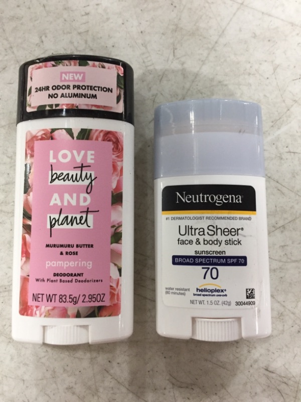 Photo 3 of Love Beauty And Planet Deodorant, Murumuru Butter and Rose, 2.95 Oz & Neutrogena Ultra Sheer Non-Greasy Sunscreen Stick for Face & Body, Broad Spectrum SPF 70 UVA/UVB Sunscreen Stick, PABA-Free, 1.5 oz
LOT OF 2 ITEMS.
