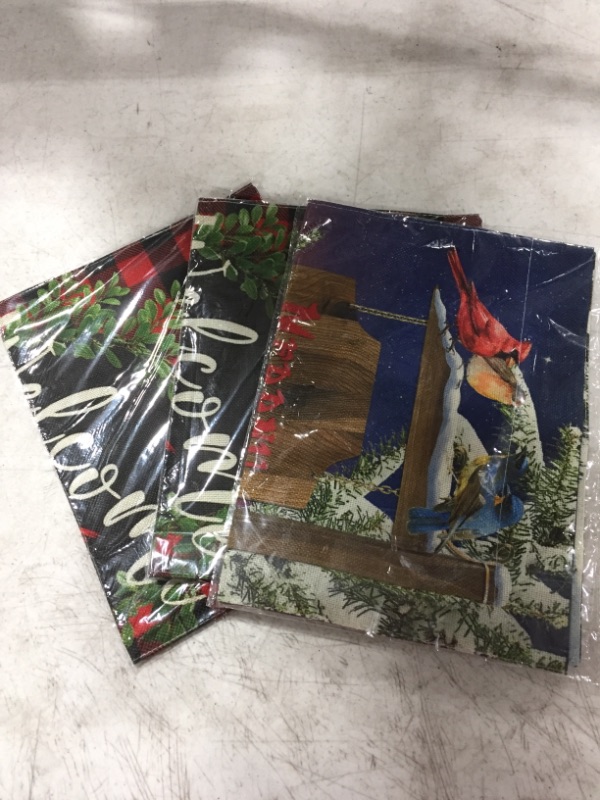 Photo 1 of CHRISTMAS HOLIDAY BANNERS/FLAGS FOR HOME DECOR. 12" X 17" LOT OF 3 ITEMS. 
