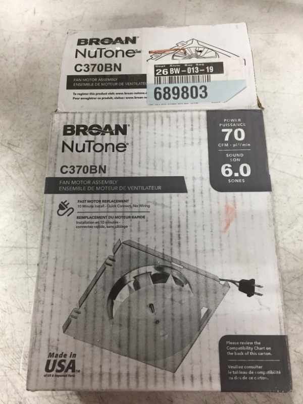 Photo 1 of BROAN NUTONE C370BN FAN MOTOR ASSEMBLY. OPEN BOX.