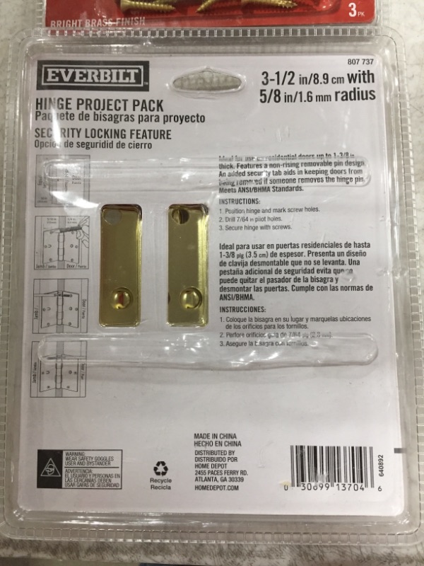 Photo 3 of 3-1/2 in. Bright Brass 5/8 in. Radius Security Door Hinges (3-Pack)
LOT OF 2. 