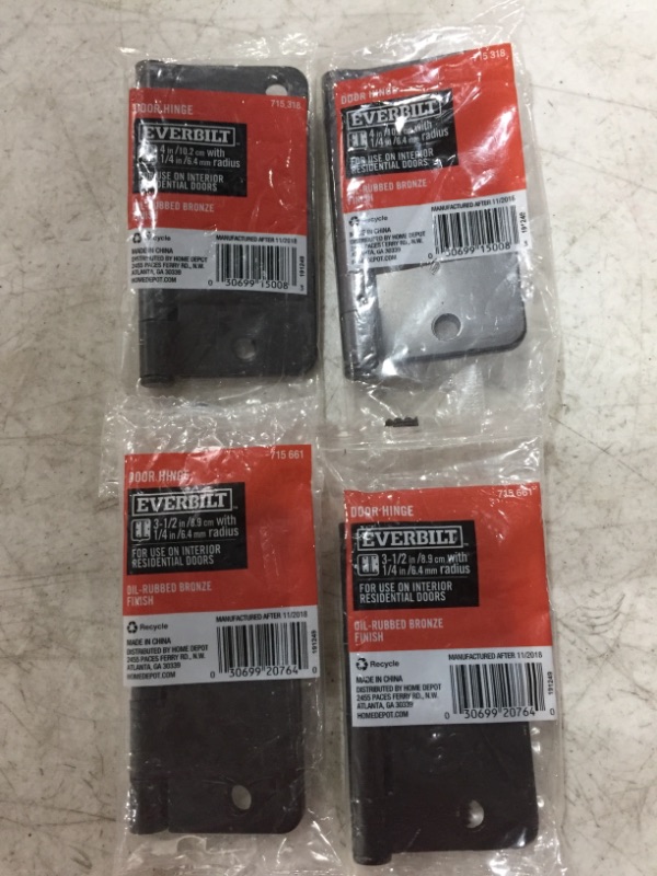 Photo 1 of EVERBILT DOOR HINGES, OIL RUBBED BRONZE FINISH. 2 3.5 INCH & 2 4 INCH. LOT OF 4 ITEMS.